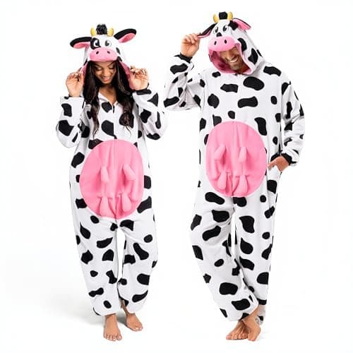 Spooktacular Creations Cow Pajamas, Realistic Plush Cow Costume, Jumpsuit Outfit Hooded, Halloween Costume Sleepwear for Halloween Cosplay Animal Themed Parties(Small)