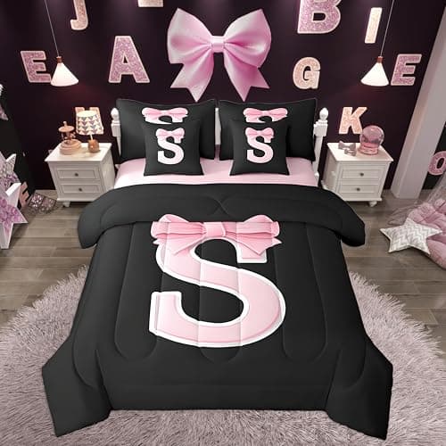 jejeloiu Kawaii Pink Bow Twin Comforter Set with Sheets,Gifts for Women Teen Girl,Monogrammed 7 Piece Bedding Set,Soft Personalized Initial Letter S Bed in a Bag with Comforter,Sheets,Pillowcases