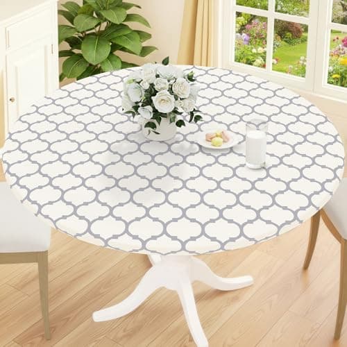 Smiry Round Picnic Tablecloth, Waterproof Elastic Fitted Table Covers for 45" - 56" Tables, Wipeable Flannel Backed Vinyl Tablecloths for Camping, Indoor, Outdoor, Beige & Grey