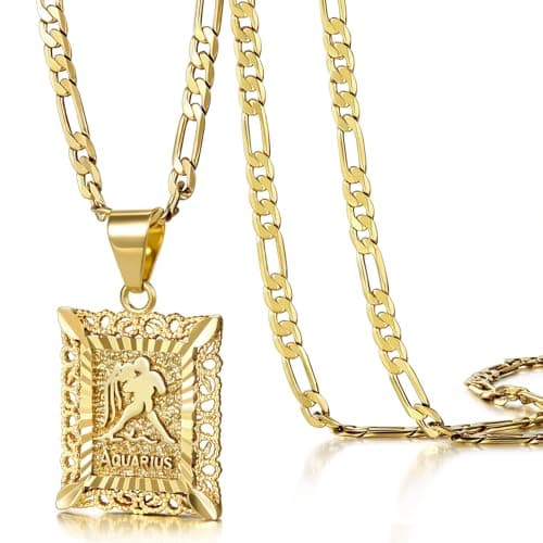 KissYan Zodiac Square Aquarius Pendant Necklace for Women Men