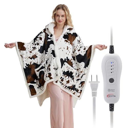 Heated Electric Blanket Shawl Cow Print Wearable Heated Blanket with Hood & Pocket, Winter Gifts for Adults, Soft Heating Blanket Throw with 4 Heat Levels & Auto Shut-Off, Cow Print, 50" x 64"