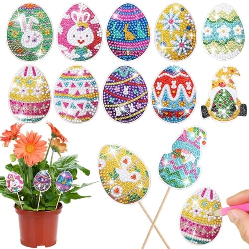 AceOrbit 12 Pcs Easter Diamond Art Kits Decorative Stakes Egg Bunny Yard Signs Garden Decor for Easter Party Spring Decoration Crafts DIY Garden Lawn Porch Pot