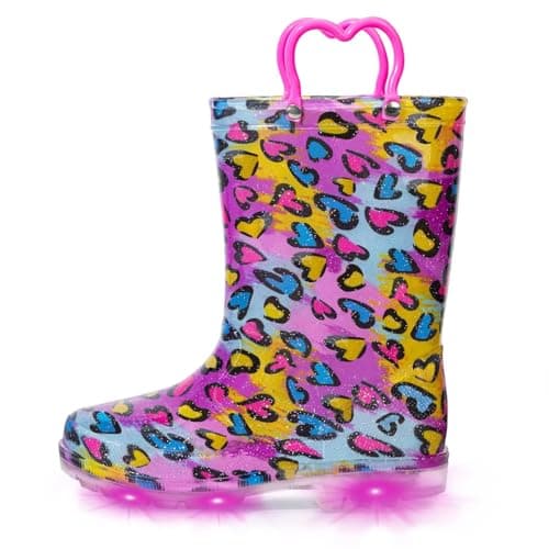 EUXTERPA Toddler Kids Light-Up Rain Boots, Colorful Heart, Toddler Size 6