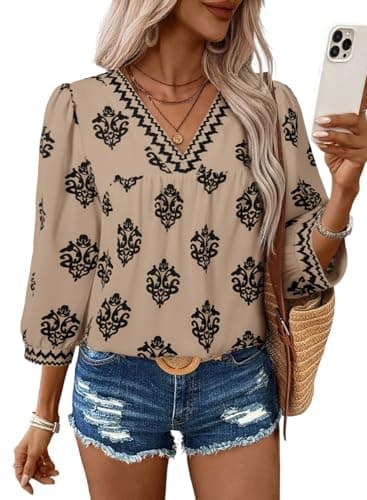 SHEWIN Womens Summer Tops 2026 Mid Length Sleeve Shirts V Neck Floral Blouse Flowy Spring Tops for Women Blouses Khaki Medium