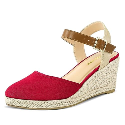 PIZZ ANNU Women's Espadrille Low Wedge Heel Sandals with Buckle Ankle Strap Close Toe Casual Dressy Summer Platform Shoes, Red 9.5