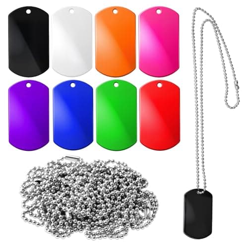 8 Pcs Multicolor Blank Dog Tags with 8 Pcs Chain Necklaces, Metal Stamping Engravable Sublimation Dog Tags Bulk, Hip Hop Style Dog Id Tags for Pets Decorative DIY Crafts (2 X 1.15 Inch, 8 Colors)