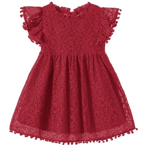 Niyage Toddler Girls Elegant Lace Pom Pom Flutter Sleeve Party Princess Dress Wine Red 120