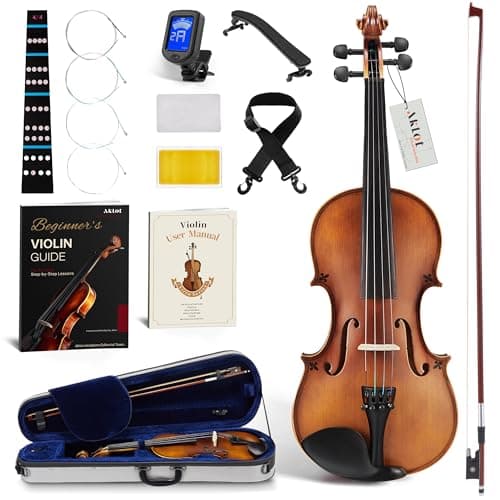 AKLOT Handcrafted Full Size Violin: Solid Wood Matte Fiddle, Acoustic Beginner 4/4 Violin Kit with Hard Case, Lesson Book, Bow, Shoulder Rest, Extra Strings, Tuner, Fretboard Stickers (VRT-AmiMS)