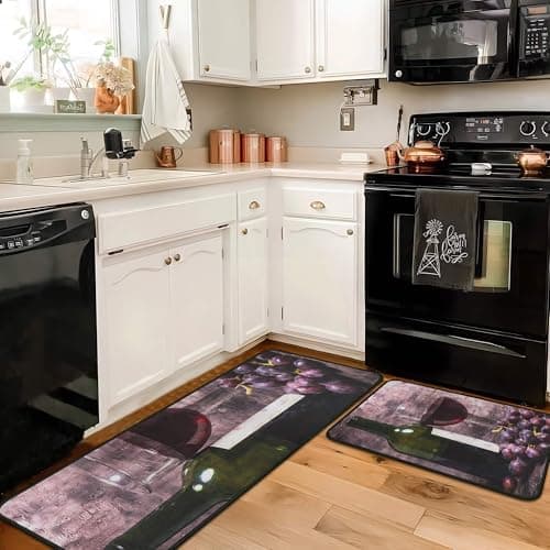 Yovirinto Wine Kitchen Rugs and Mats Sets of 2, Non Skid Washable Absorbent Microfiber Farmhouse Kitchen Mat for Runner Hallway Doormat Bathroom 17"x 47"+17"x 30"