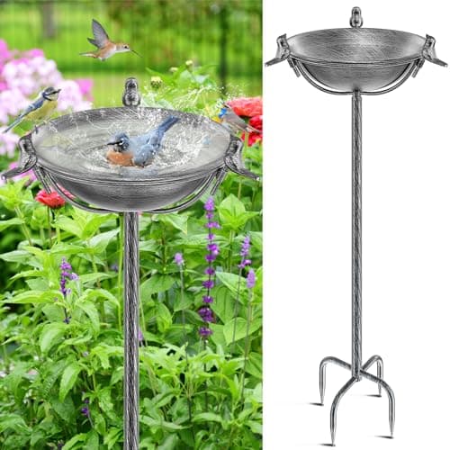 YALINKA 58In Freestanding Birdbaths Bowl Outdoor, Free Standing Garden Bird Bath Feeder Bowl with 3 Bird Statues, Birdbath & Birdfeeder with Metal Stake Garden Yard Lawn Decor (Retro Silver)