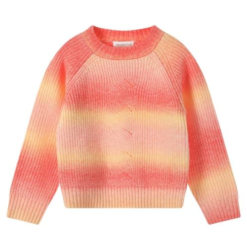 TRENDSTITCH Girls Cable Knit Sweater Crewneck Striped Gradient Long Sleeve Sweaters Chunky Pullover Jumper Fall Winter Flaming Orange 9-10