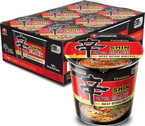 Nongshim Shin Ramyun Black Cup of Noodles, Spicy Korean Signature Instant Ramyun, Rich Beef Bone Broth, Pantry Essential Korean Noodles, Quick and Easy, Microwaveable Cup, 3.56 oz (Pack of 6)