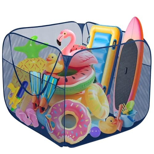 Hahood Pop-up Pool Toy Storage Bin 31 x 31 x 31 Inch Mesh Pool Organizer Bag with 2 Side Pockets for Inflatable Toys, Floats, Beach Balls,Towels and Other Swimming Accessories