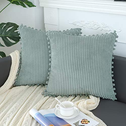 sykting Grey Blue Throw Pillow Covers 20x20 inch Soft Striped Boho Farmhouse Decorative Pillow Covers with Pom Poms for Couch Sofa Bed Chair Outdoor Pack of 2