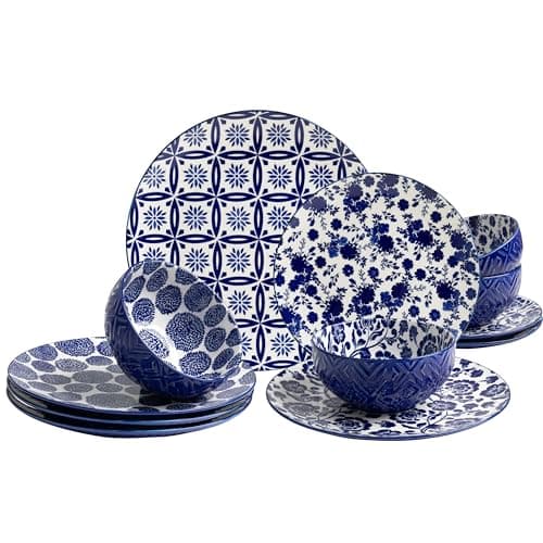 LEHAHA 12 Pieces Modern Porcelain Dinnerware Set，Service for 4, Ceramic Plates and Bowls Sets, Kitchen Dinner, Salad, Dessert Plate and Cereal Bowl Set, Ceramics Dishes Set, Blue and White