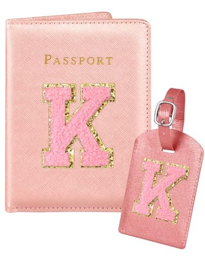 Slohif Passport Holder Initial Lugguage Tag Set Suitcase Cover Wallet Case for Travel Women - Leather Letter Passport Book Personalized Organizer Card Protector Sleeve Essentials Slim Carrier Red K