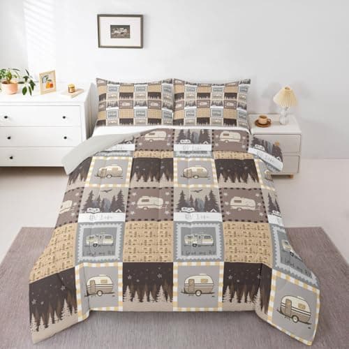 Erosebridal Happy Camping Comforter Set Queen Size, Rv Camper Decor Bedding Set Rustic Farmhouse Patchwork Quilt Camping Gift for Women Decor, Retro Lodge Cabin Decor Duvet Insert with 2 Pillow Cases