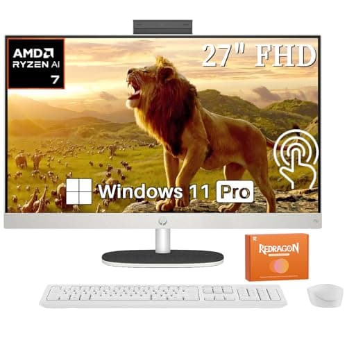 HP 27 inch FHD All in One Touchscreen Desktop Computer, AMD Ryzen AI 7 350 (8-Core), 32GB DDR5, 2TB SSD, Copilot AI, Wi-Fi 6, Bluetooth 5.4, Wireless Keyboard & Mouse, Windows 11 Pro, Accessories