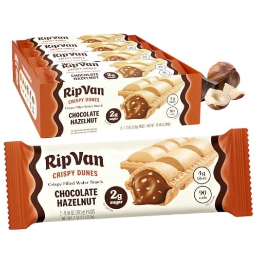 Rip Van Crispy Dunes Vegan Chocolate Hazelnut Wafer Sticks – Low-Calorie Keto Snack with Hazelnut Cream Filling, 90 Calories, Non-GMO, Prebiotic Fiber - 12 Pack