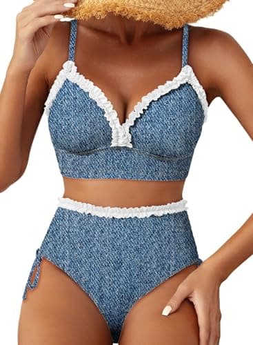 Herseas Women's 2 Piece Bikini Sets Modest Splice Ruffle Trim Tie Side Bottom Swim Suit 2026 Summer Padded Push Up Ruched High Waisted Bathing Suits Cruise Essentials Denim Print Small