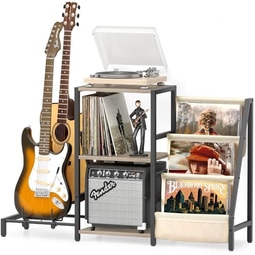 Bikoney Record Player Stand, Guitar Stand for Acoustic, Electric Guitar, Bass with Amp Stand, 3-Tier Vinyl Record Storage, Record Holder, Record Player Table for Living Room Bedroom White