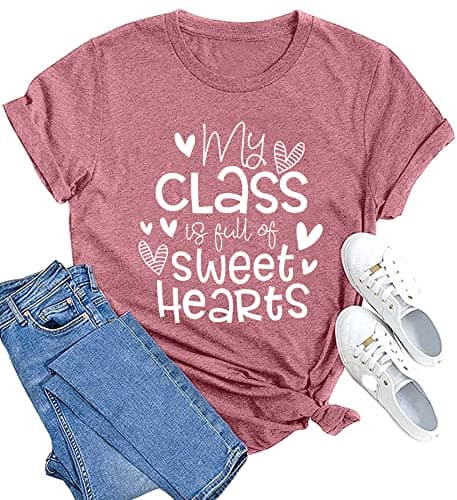 MAIHUN Teacher Valentines Day Shirt for Women My Class is Full of Sweet Hearts Tshirt Teacher Life Tee Tops Pink