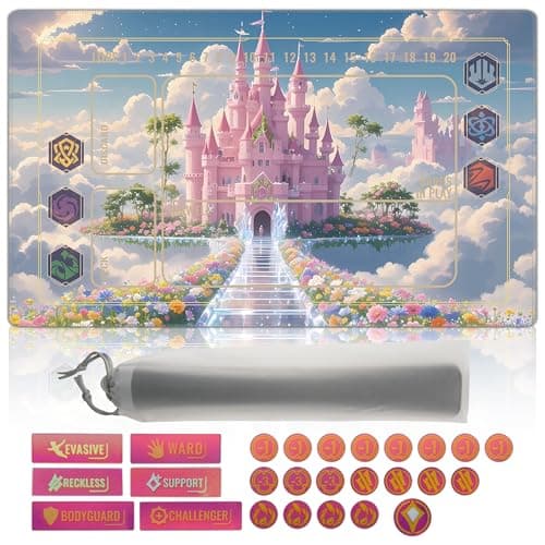 Cylvenor 24x14 inch for lokana playmat TCG with Gaming Area - Includes 26-piece Acrylic Life Counter Set with Rainbow Effect and Storage Bag (Castle)