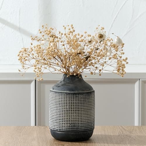 SIDUCAL Ceramic Rustic Farmhouse Vase, Sand Glaze Finish Boho Vase, Pottery Decorative Flower for Home Decor, Table, Living Room Decoration, Shelf Decor, Mantel, 7.4 Inch, Black