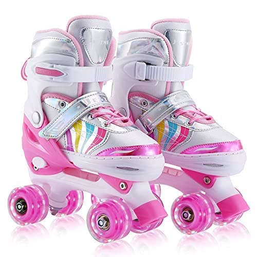 Kids Roller Skates Adjustable for Girls Boys Toddlers Youth, Pink 4 Size Adjustable Light Up Roller Skates for Size 11J todders to Size 7 Youth Women