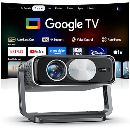 Smart Projector [Built in Google TV and 4K Support] with WiFi and Bluetooth, 2500ANSI, Auto Lens Cap, Portable Outdoor Movie Projector with Built-in Apps Auto Focus for Ceiling/Home Theater/Bedroom