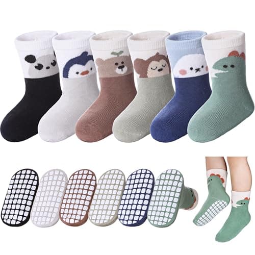 DOSKONI Baby Toddlers Non Slip Socks with Grippers Cotton Crew Gift Grips Socks for Kids Boys Girls 6 Pairs Animal A, 6-12 Months
