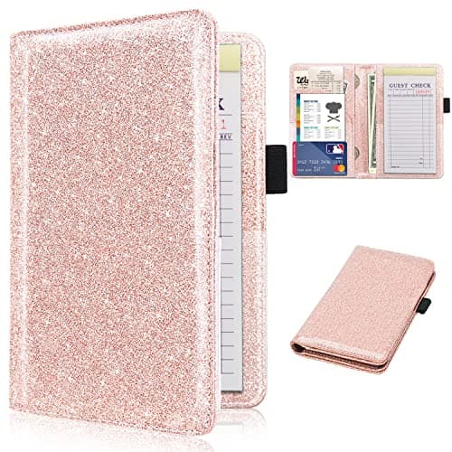 RSAquar Server Books for Waitress, Cute Waitstaff Organizer Wallet Support with 7 Storage Pockets for Recipes and Guest Check, Leather Waiter Book Fit Server Apron, Rose Gold Glitter