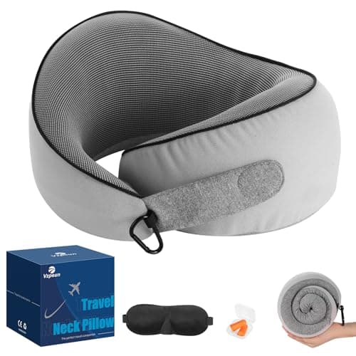 Vzpeun Travel Pillow - Neck Pillow Airplane Memory Foam Filling for Plane,Cars Sleeping, Road Trip, Long Flights, Portable Plane Accessories, Includes Eye Mask & Earplugs (Light Gray)