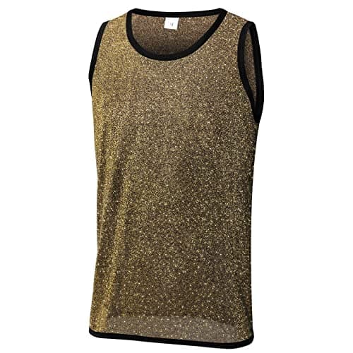 Men's Mesh Glitter Tank Top Gold Shiny Tank Sparkly Metallic Sheer Sleeveless Shirt See Through Disco Party Tops (Black Gold S)