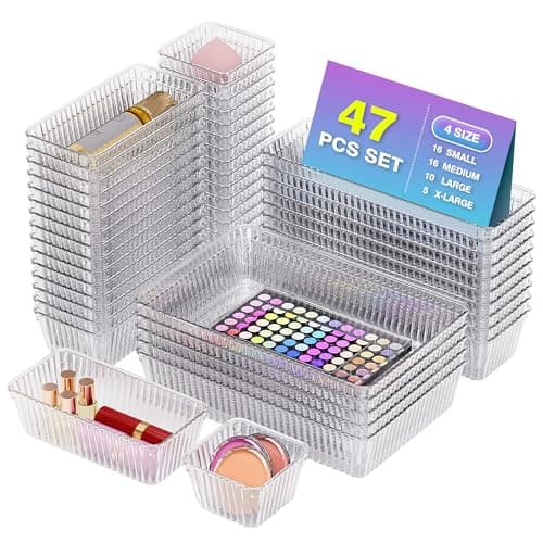 Okylvve 47 PCS Clear Plastic Drawer Organizer Set - 4 Sizes Makeup Organizer Desk Drawer Divider Bathroom Organizers and Storage Bins for Makeup, Jewelry, Gadgets, Office, Kitchen, Bedroom, Bathroom