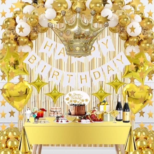 Gold Birthday Decorations Set – Happy Birthday Banner, Star Garland, Crown Foil Balloon, Fringe Curtain Backdrop, Table Cover, Cake Topper, Confetti &Latex Balloons for Boys Girls Men Women Party
