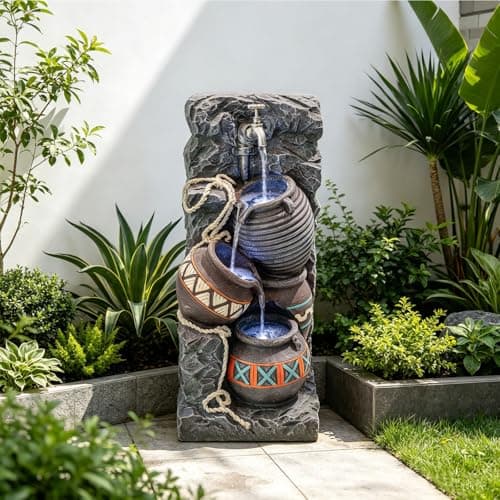 Swiftbloom Earthenware Jar Outdoor Water Fountain, Resin with LED, 24.4 in