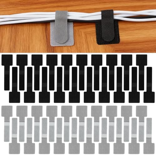 Cord Organizer, 40 PCS Adjustable Cable Management Under Desk, Reusable Hook and Loop Cable Ties, Self Adhesive Wire Organizers for Home Office (Black, Gray)