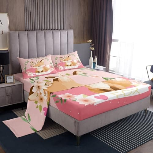 Feelyou Girls Cartoon Fox Bed Sheets Cute Fox Sheet Set for Kids Boys Girls Kawaii Animal Bed Sheet Set Botanical Floral Bedding Sheets 1 Bed Sheets with 1 Pillowcase Twin Size