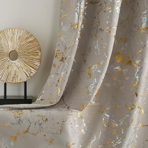 NICETOWN Silver and Gold Marble Print Curtains 100% Blackout for Bedroom Living Room 84 Inches Long 2 Panels Thermal Insulated Soundproof Full Light Blocking Energy Saving Modern Drapes, 52"W, Natural