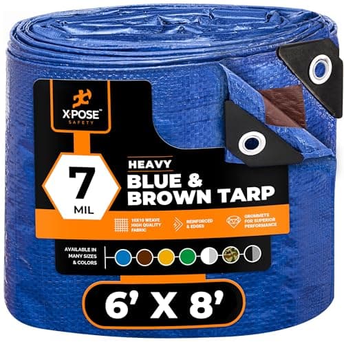 Xpose Safety 6’ x 8’ Heavy Blue/Brown Tarp - Waterproof - 7 Mil Weatherproof Camping Tarp for Tent, Rain, Wind & Sun - Plastic Tarpaulin Cover Outdoor for Roof, Trailer, RV, Car, Boat