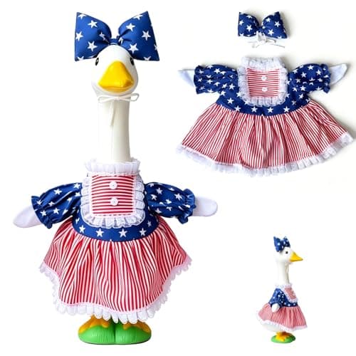 ICOME 4th of July Porch Goose Outfit, Patriotic Porch Goose Costume with Red White Blue Dress & Star Bow Tie, Independence Day Clothes for 23" Plastic/Concrete Lawn Goose Statue Outdoor Yard Decor