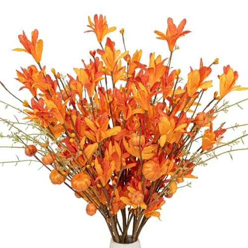 LLZLL Artificial Fall Flowers 12 Pack Fall Floral Picks with Pumpkins and Berries 17 Inch Orange Forsythia Stems for Autumn Flower Arrangements Home Thanksgiving Decorations