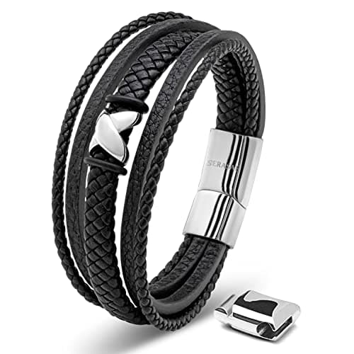 SERASAR Mens Leather Bracelet 17cm Silver Presents Men Gift Box Cowhide Braided Magnetic Clasp Multi Layer Wrap Rope Mans Male Bracelets Band Jewelry Magnet Accessories