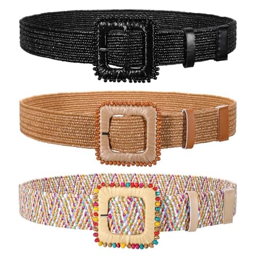 TRIWORKS 3 Pack Straw Woven Elastic Belts for Women, Stretch Waist Belt for Dress, Fashion Boho Raffia Braided Belts