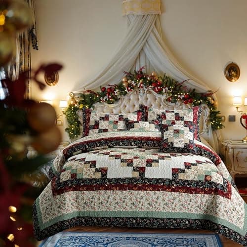 NIUDÉCOR HOME Genuine Patchwork Quilt Queen Size 100% Cotton Bedspread Reversible Vintage Plaid Floral Red Coverlet Bedding Sets 3 Piece