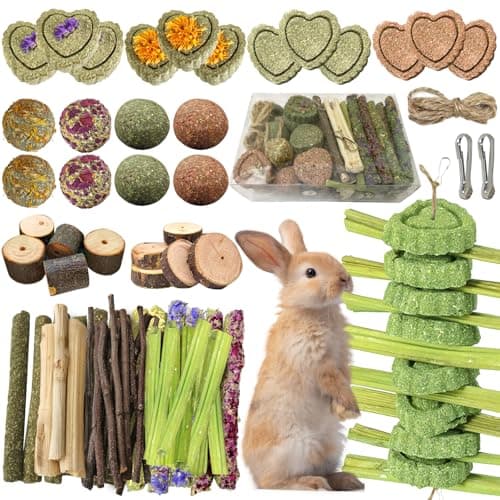 Tyotrbs 68pcs DIY Rabbit Chew Toys,Rabbit Toy for Bunnies Boredom Bunny Toys for Teeth, Timothy Stick, Apple Sticks, Sweet Bamboo, for Guinea Pig, Hamster, Chinchilla, Rat (19.04 Ounces (Pack of 1))