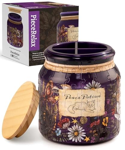 PieceRelax 3D Puzzle Jar 96 Plastic Pieces for Adults - Peace Potion - Use Includes Divider as Pen and Utensils Holder with Wooden Lid for Kitchen Dining Study Living Room Large [BB1042]