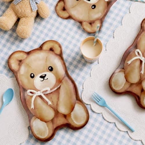 Cheerland Brown Stuffed Bear Shaped Paper Plates for Birthday Parties Bear Shaped Plates Brown Teddy Party Stuffed Animal Paper Plate Cute Party Disposable Birthday Decorations