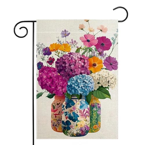 Spring Summer Colorful Floral Mason Jar Garden Flag 12x18 Inch Double Sided Hydrangea Flower Yard Outdoor Flag House Holiday Outside Decoration